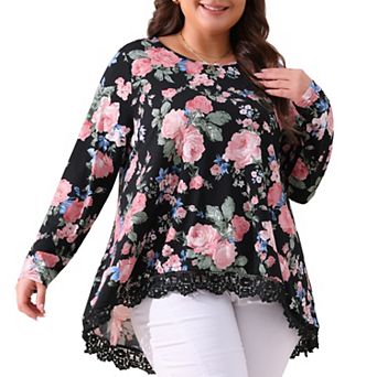 Plus Size Tops Women Crew Neck Lace Trim A-line High Low Hem Floral Blouse Tunic Tops