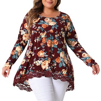 Plus Size Tops Women Crew Neck Lace Trim A-line High Low Hem Floral Blouse Tunic Tops