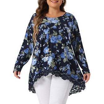 Plus Size Tops Women Crew Neck Lace Trim A-Line High Low Hem Floral Blouse Tunic Tops