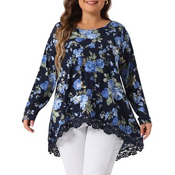Plus Size Tops Women Crew Neck Lace Trim A-line High Low Hem Floral Blouse Tunic Tops