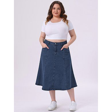 Women's Plus Size Denim Skirts Vintage High Waist With Pockets A-line Midi Jean Skirt