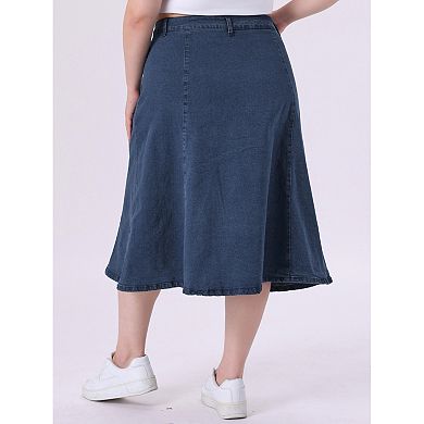 Women's Plus Size Denim Skirts Vintage High Waist With Pockets A-line Midi Jean Skirt