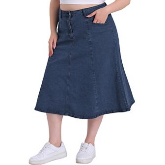 Women's Plus Size Denim Skirts Vintage High Waist with Pockets A-Line Midi Jean Skirt