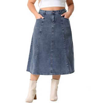 Women's Plus Size Denim Skirts Vintage High Waist With Pockets A-line Midi Jean Skirt
