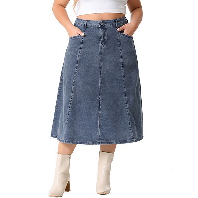 Women s Plus Size Denim Skirts Vintage High Waist With Pockets A line Midi Jean Skirt