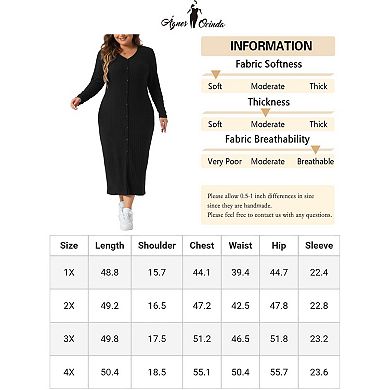 Plus Size Dress For Women V Neck Long Sleeve Ribbed Knit Button Down Bodycon Dresses