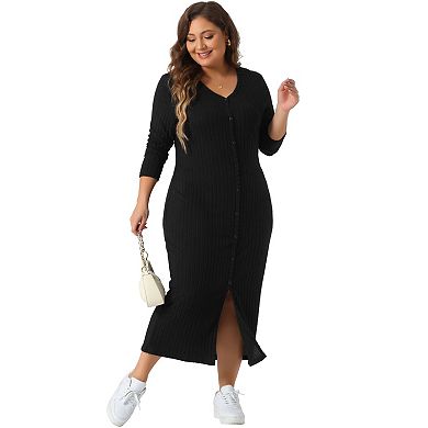 Plus Size Dress For Women V Neck Long Sleeve Ribbed Knit Button Down Bodycon Dresses