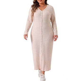 Plus Size Dress For Women V Neck Long Sleeve Ribbed Knit Button Down Bodycon Dresses