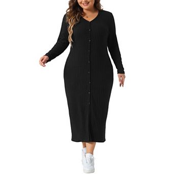 Plus Size Dress For Women V Neck Long Sleeve Ribbed Knit Button Down Bodycon Dresses