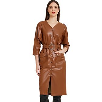 Faux Leather Dress for Women's 3/4 Sleeve Button Down V Neck Party Club Midi Dresses