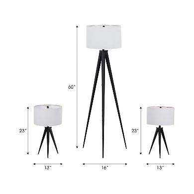 23"h/60"h Set Of Three, Metal Table & Floor Tripod Lamps, Black, Stylish Lighting For Room, Bedroom