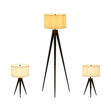 23"h/60"h Set Of Three, Metal Table & Floor Tripod Lamps, Black, Stylish Lighting For Room, Bedroom
