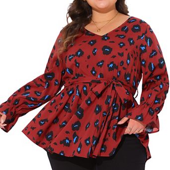 Plus Size Peplum Blouse for Women Graphic Print Belted Long Sleeve V Neck Tops