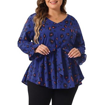 Plus Size Peplum Blouse for Women Graphic Print Belted Long Sleeve V Neck Tops