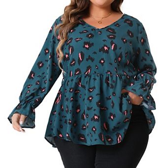 Plus Size Peplum Blouse for Women Graphic Print Belted Long Sleeve V Neck Tops