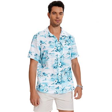 Men's Hawaiian Shirt Short Sleeve Linen Button Down Shirts Casual Floral Beach Shirts Pocket