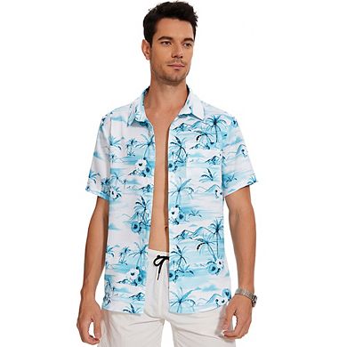 Men's Hawaiian Shirt Short Sleeve Linen Button Down Shirts Casual Floral Beach Shirts Pocket
