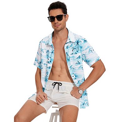 Men's Hawaiian Shirt Short Sleeve Linen Button Down Shirts Casual Floral Beach Shirts Pocket