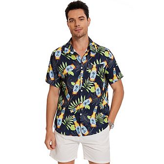 Men's Hawaiian Shirt Short Sleeve Linen Button Down Shirts Casual Floral Beach Shirts Pocket