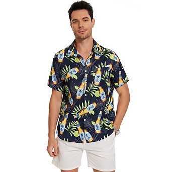 Men's Hawaiian Shirt Short Sleeve Linen Button Down Shirts Casual Floral Beach Shirts Pocket