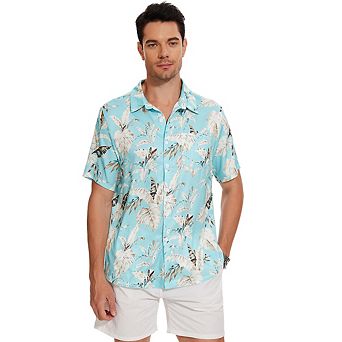 Men's Hawaiian Shirt Short Sleeve Linen Button Down Shirts Casual Floral Beach Shirts Pocket