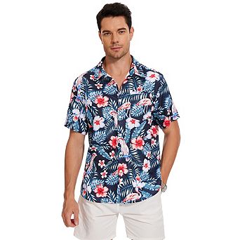 Men's Hawaiian Shirt Short Sleeve Linen Button Down Shirts Casual Floral Beach Shirts Pocket