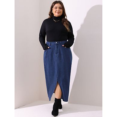 Women's Plus Size Casual Jean Skirt High Waisted Front Slit Stretch Midi Denim Skirts