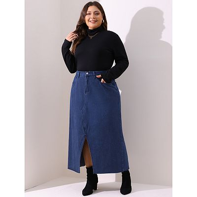 Women s Plus Size Casual Jean Skirt High Waisted Front Slit Stretch Midi Denim Skirts