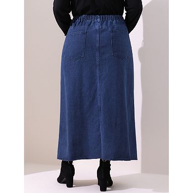Women's Plus Size Casual Jean Skirt High Waisted Front Slit Stretch Midi Denim Skirts