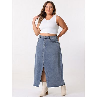 Women's Plus Size Casual Jean Skirt High Waisted Front Slit Stretch Midi Denim Skirts