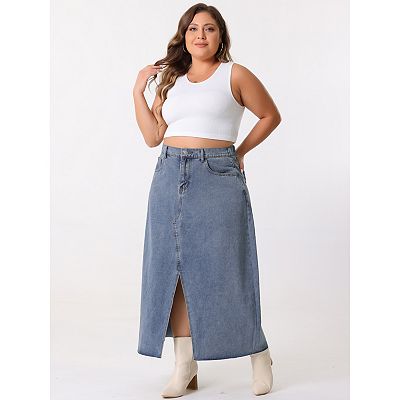 Women s Plus Size Casual Jean Skirt High Waisted Front Slit Stretch Midi Denim Skirts