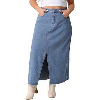 Women's Plus Size Casual Jean Skirt High Waisted Front Slit Stretch Midi Denim Skirts
