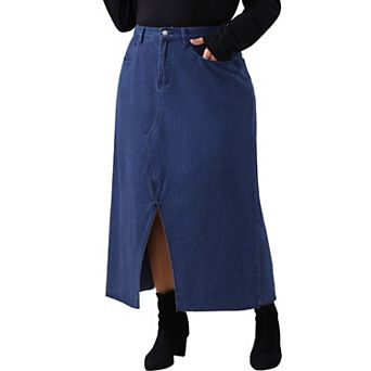 Women's Plus Size Casual Jean Skirt High Waisted Front Slit Stretch Midi Denim Skirts