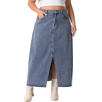 Women's Plus Size Casual Jean Skirt High Waisted Front Slit Stretch Midi Denim Skirts