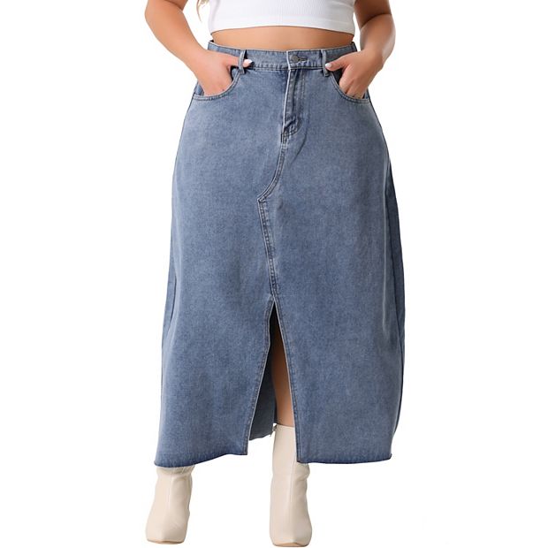 Women s Plus Size Casual Jean Skirt High Waisted Front Slit Stretch Midi Denim Skirts