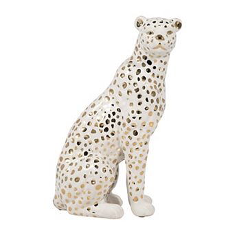 11" Sitting Leopard Sculpture - Contemporary Glam Ceramic White And Gold Decorative Leopard Figurine