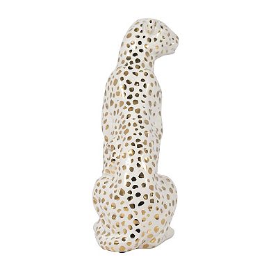 11" Sitting Leopard Sculpture - Contemporary Glam Ceramic White And Gold Decorative Leopard Figurine