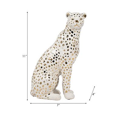 11" Sitting Leopard Sculpture - Contemporary Glam Ceramic White And Gold Decorative Leopard Figurine