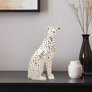 11" Sitting Leopard Sculpture - Contemporary Glam Ceramic White And Gold Decorative Leopard Figurine
