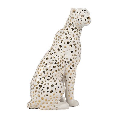 11" Sitting Leopard Sculpture - Contemporary Glam Ceramic White And Gold Decorative Leopard Figurine