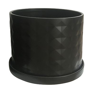 Set Of 2 Ceramic Planters - 10" & 12" Black Planters On Saucers - Contemporary Diamond Design Indoor