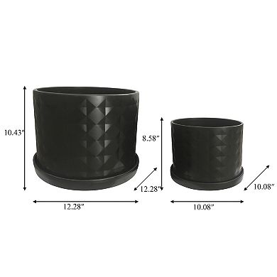 Set Of 2 Ceramic Planters - 10" & 12" Black Planters On Saucers - Contemporary Diamond Design Indoor