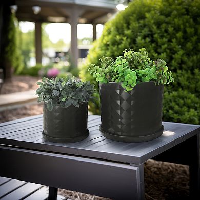 Set Of 2 Ceramic Planters - 10" & 12" Black Planters On Saucers - Contemporary Diamond Design Indoor