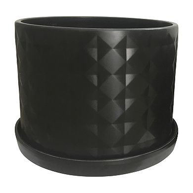 Set Of 2 Ceramic Planters - 10" & 12" Black Planters On Saucers - Contemporary Diamond Design Indoor