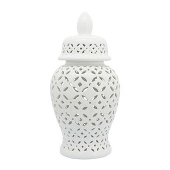24" White Temple Jar - Ceramic Daisy Cut-out Classic Contemporary Decorative Jar Accent Simple White