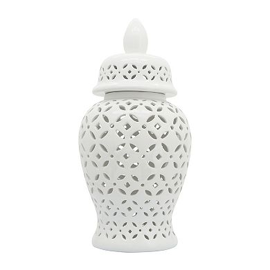 24" White Temple Jar - Ceramic Daisy Cut-out Classic Contemporary Decorative Jar Accent Simple White