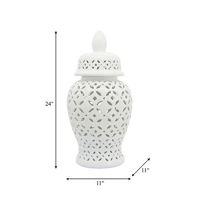 24" White Temple Jar - Ceramic Daisy Cut-out Classic Contemporary Decorative Jar Accent Simple White