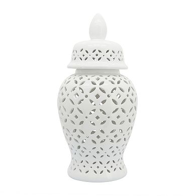 24" White Temple Jar - Ceramic Daisy Cut-out Classic Contemporary Decorative Jar Accent Simple White