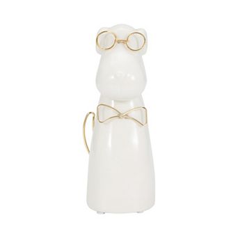7" Ceramic Puppy With Glasses And Bow Tie Figurine - Contemporary White And Gold Dog Sculpture Home