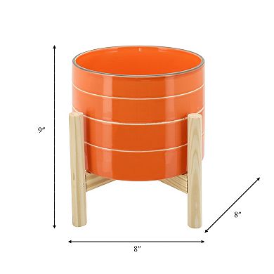 8" Planter On Stand - Ceramic Planter On Wooden Base - Contemporary Orange And White Striped Design